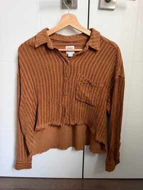 BDG Rust Brown Ribbed Button-Up Top